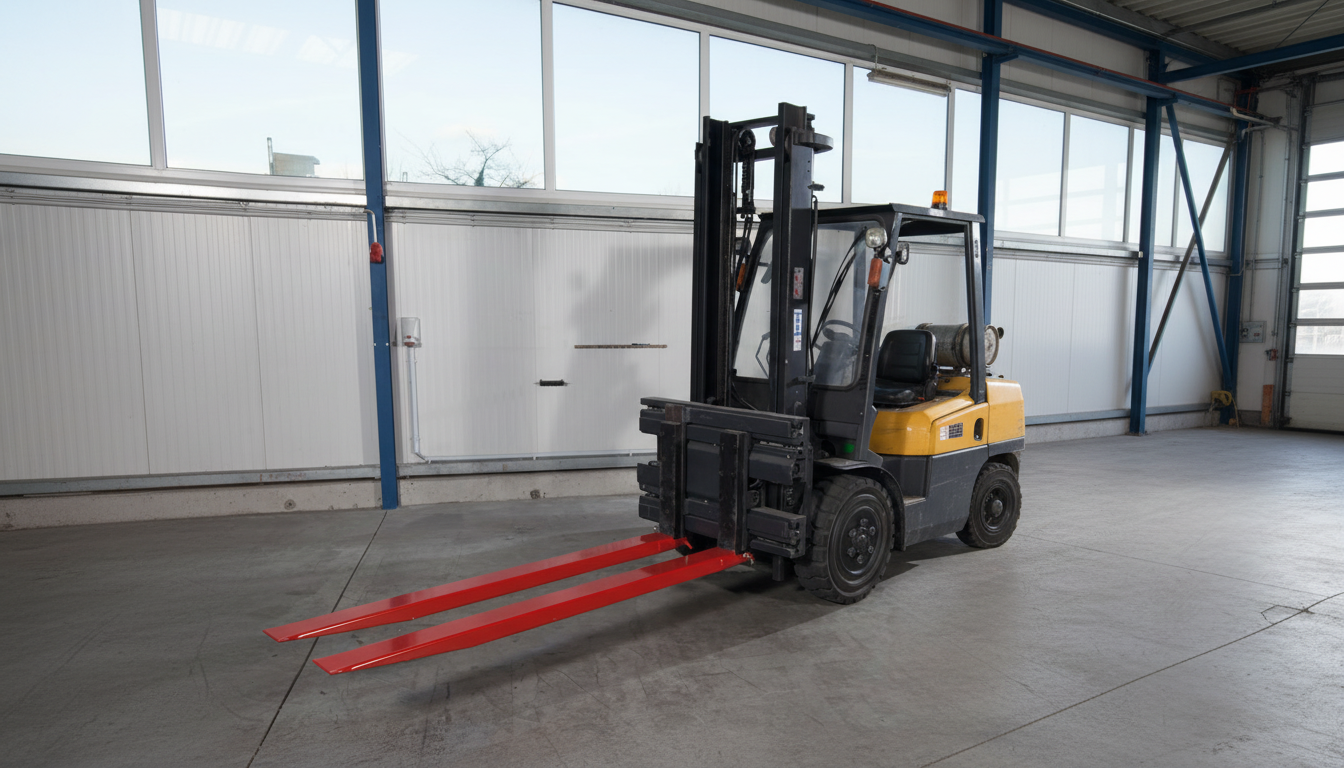 Chariot élévateur équipé de rallonges de fourches rouges dans un entrepôt industriel pour la manutention de charges longues