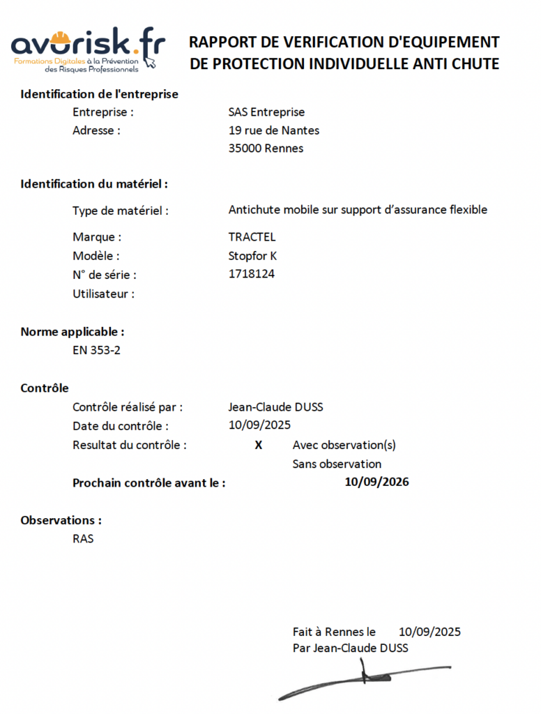 Rapport de vérification d’un EPI antichute rempli lors d’une Vérification Générale Périodique d’un harnais antichute.