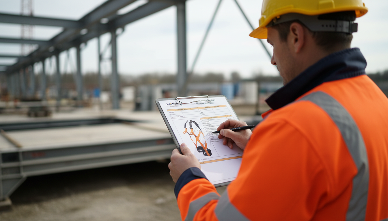 Travailleur remplissant un rapport de vérification d’un harnais antichute lors d’un contrôle sur un chantier.