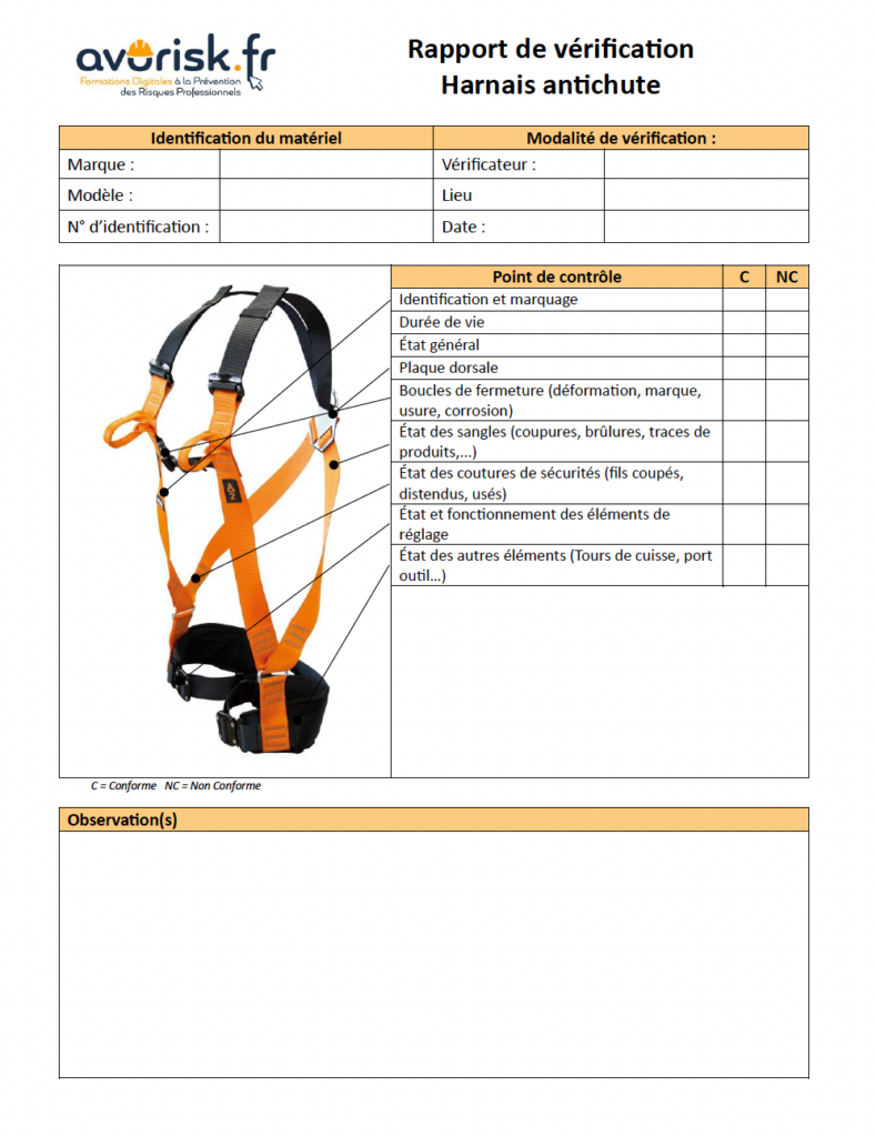 Modèle de rapport de vérification d’un harnais antichute utilisé lors d’une VGP des EPI antichute.