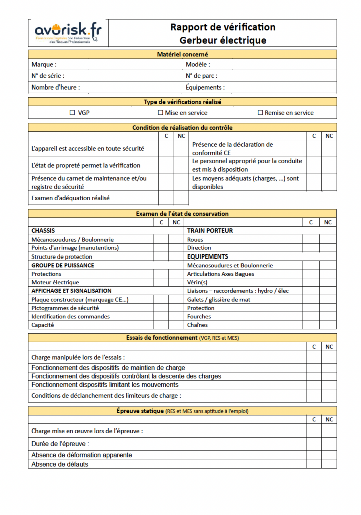 Rapport de vérification VGP d’un gerbeur électrique avec grille de contrôle détaillée des appareils de levage