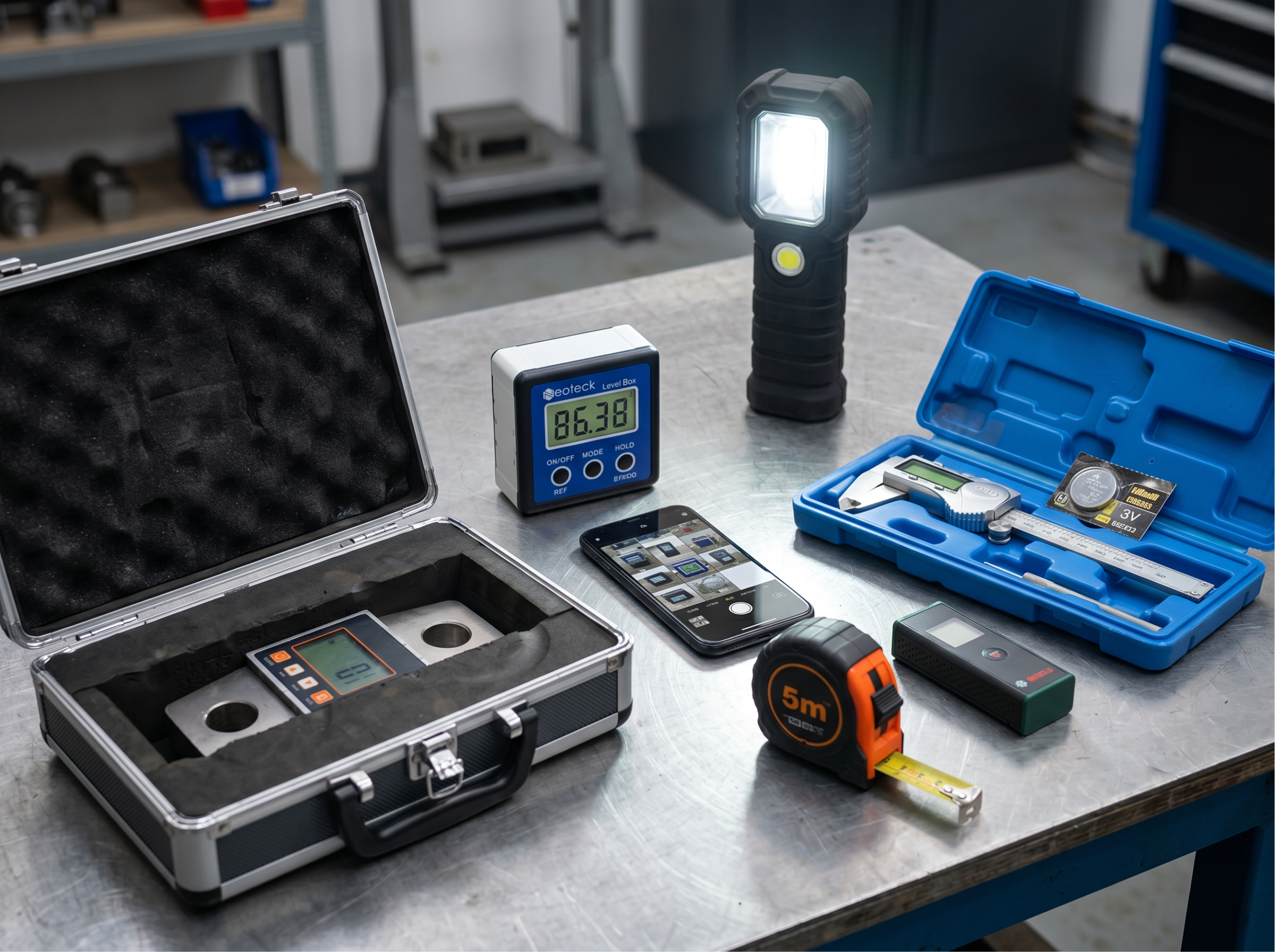 Outils indispensables à la réalisation d'une VGP : peson, mètre ou télémètre laser, pied à coulisse, niveau électronique et lampe de poche
